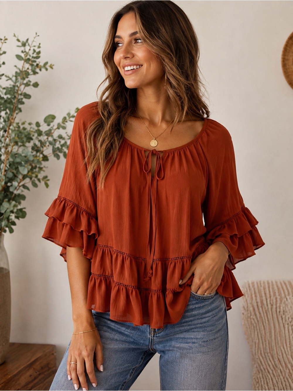 ODDI Rust Ruffle Boho Blouse Top — Size S/M